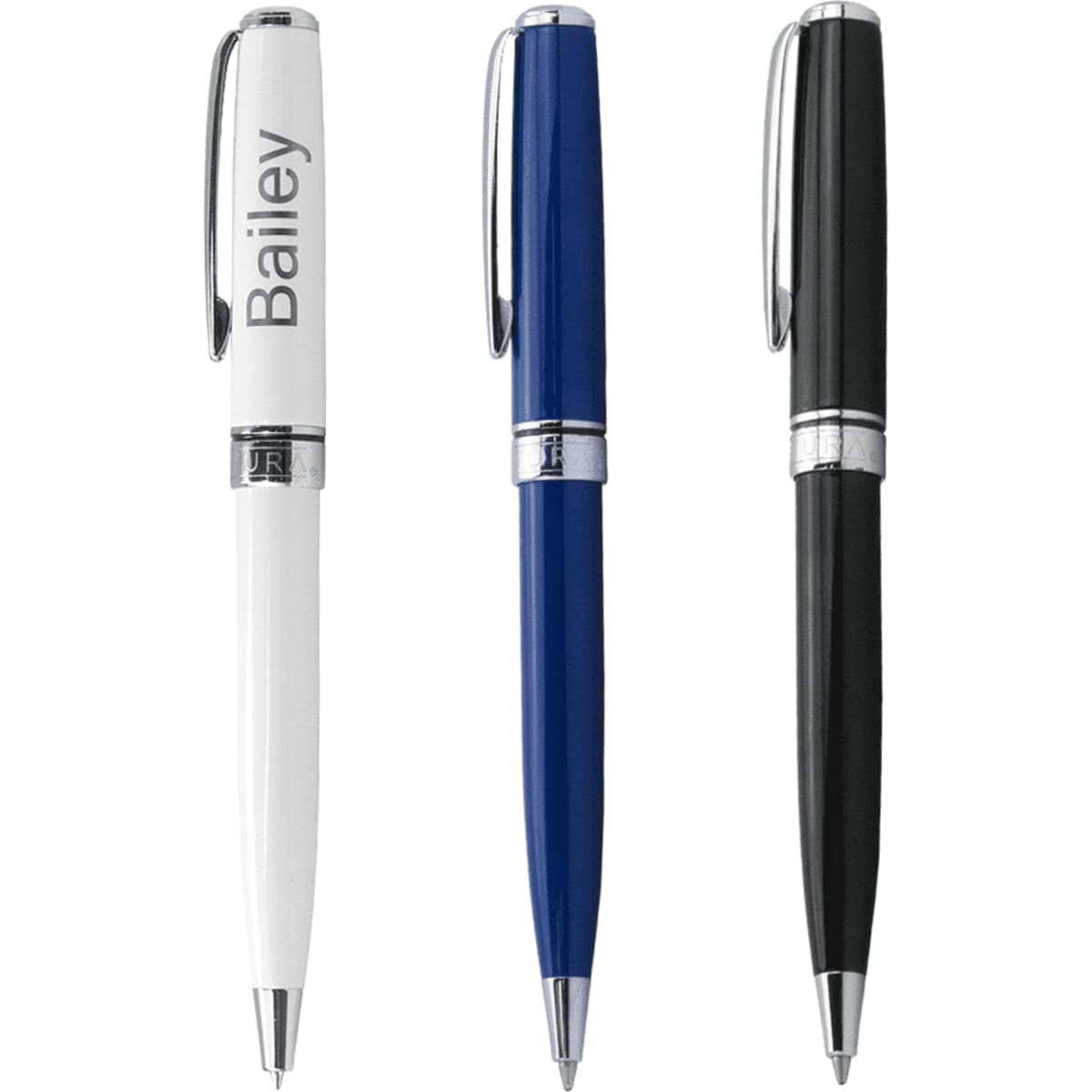 A group of three Scriptura Slick ballpoint twist action pens in white, blue, and black with a logo on each.