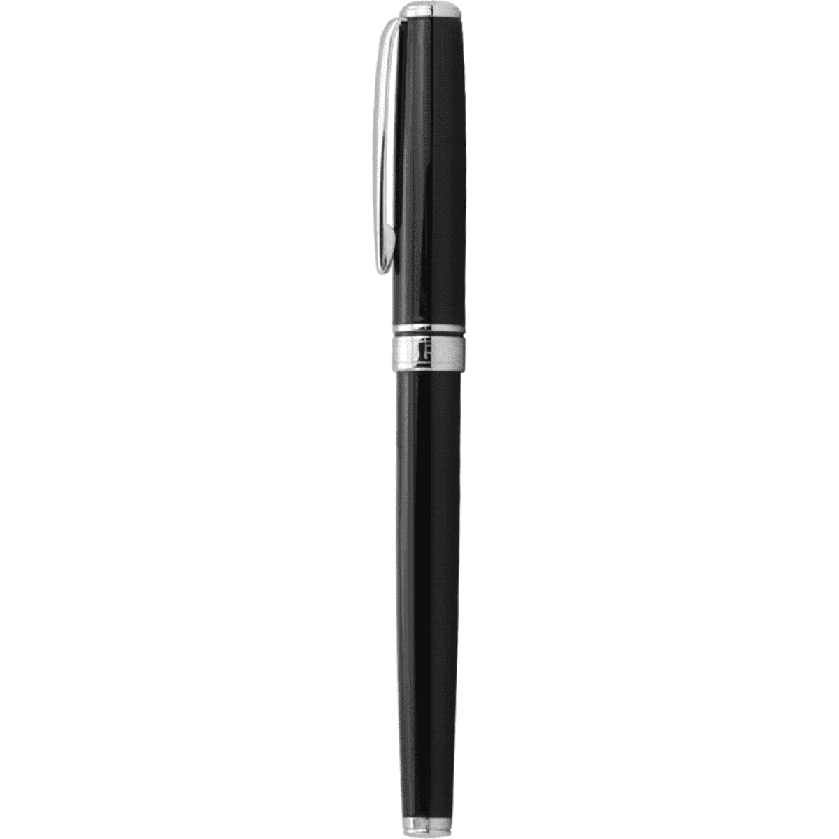 A black rollerball pen with a sleek metal design and silver accents, featuring a branding logo.