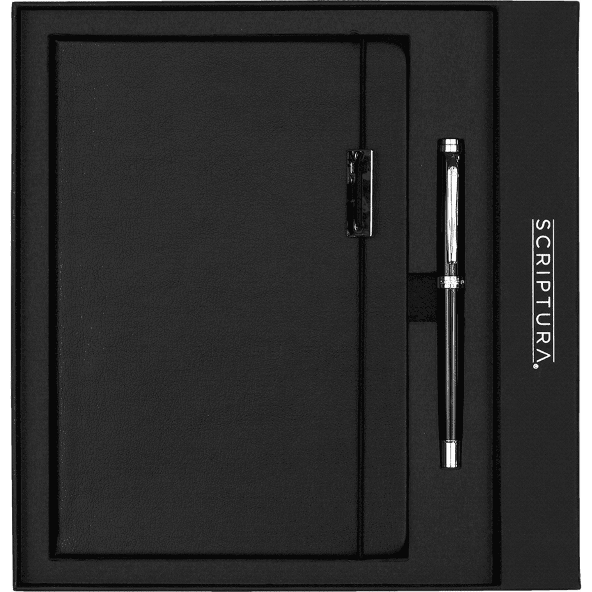 A black notebook with a pen, presented in a sleek black gift box, featuring a logo on the packaging.