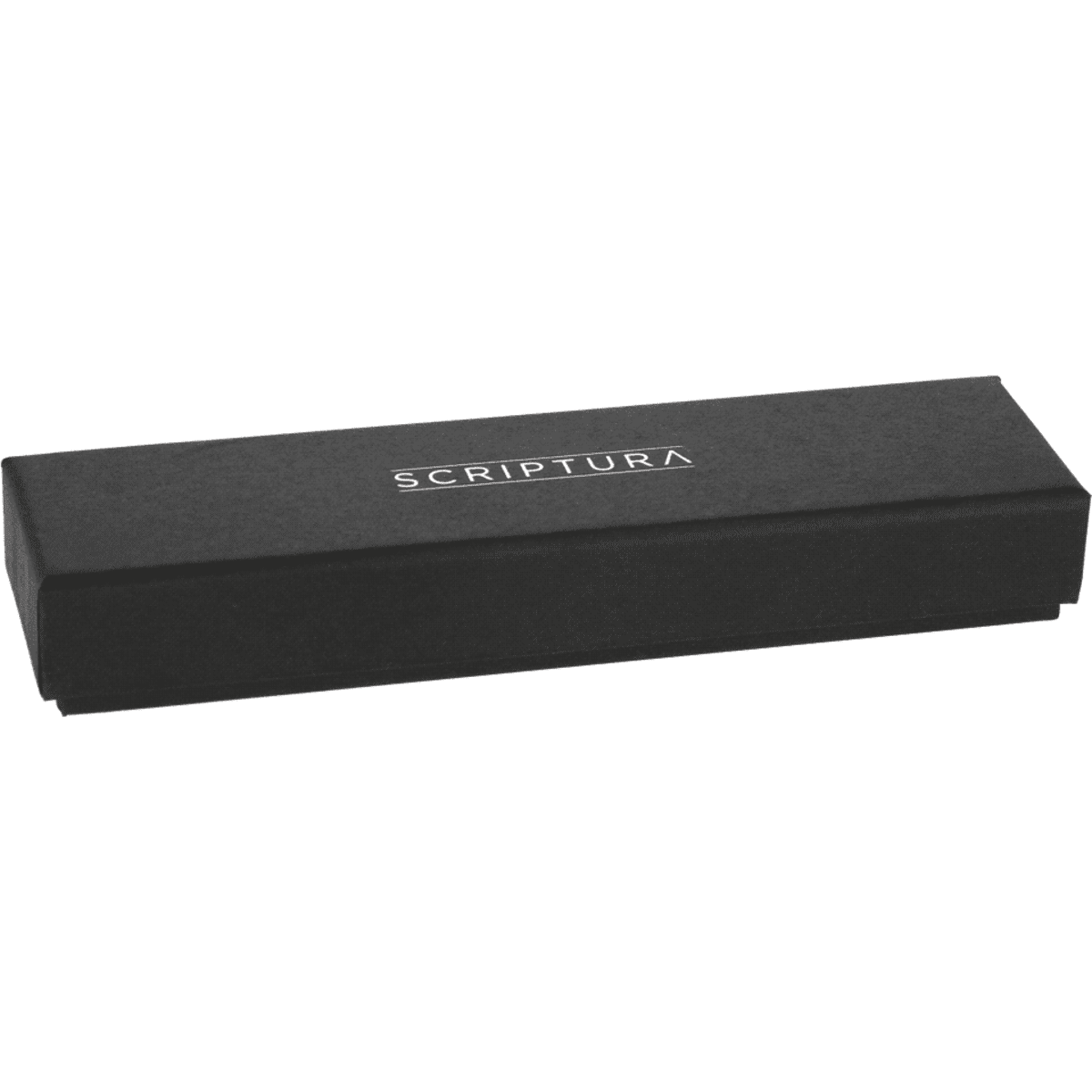 A black gift box for the Scriptura pen, featuring a sleek design and a branding logo on the top.