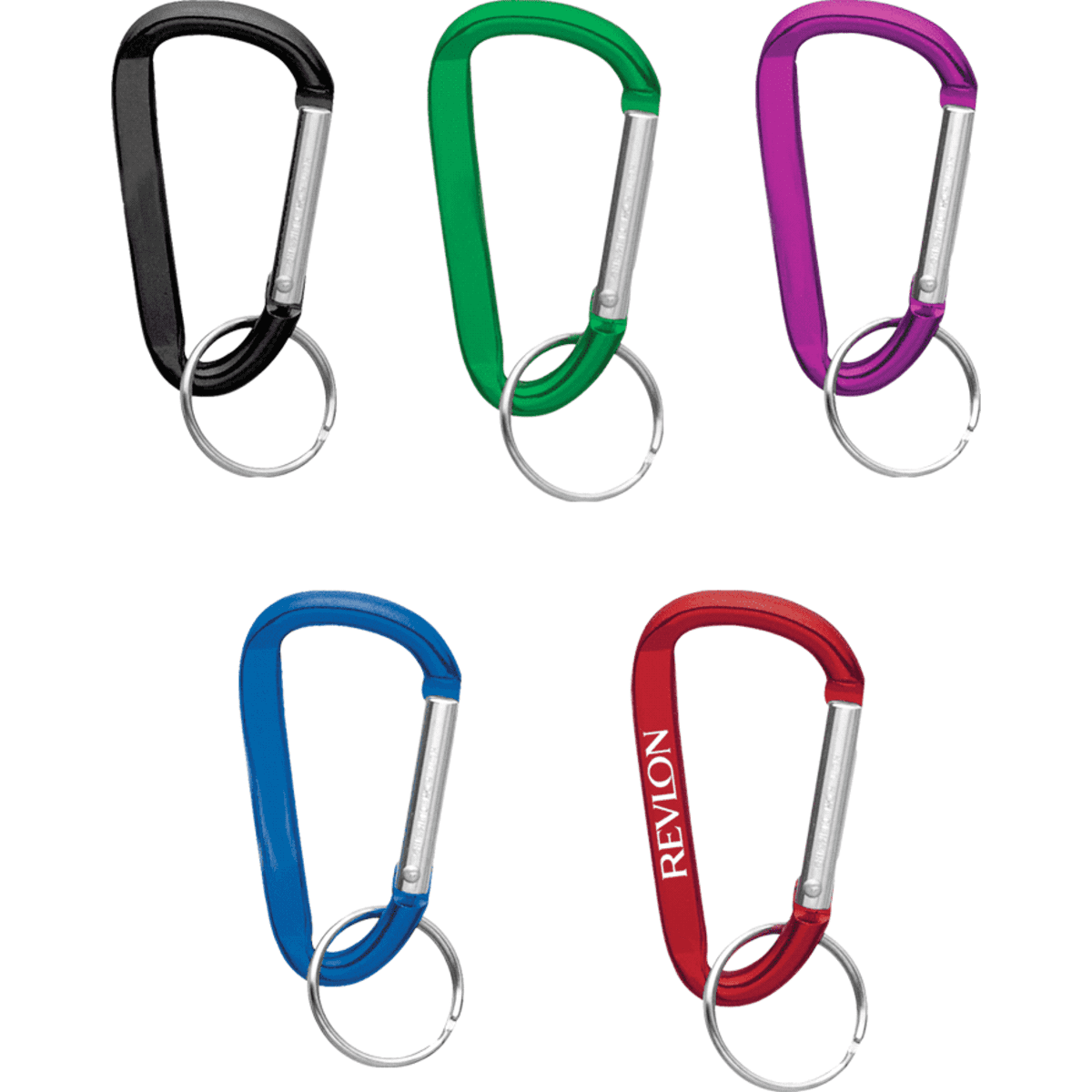 A set of five carabiners in black, green, purple, blue, and red, featuring metal keyring attachments.