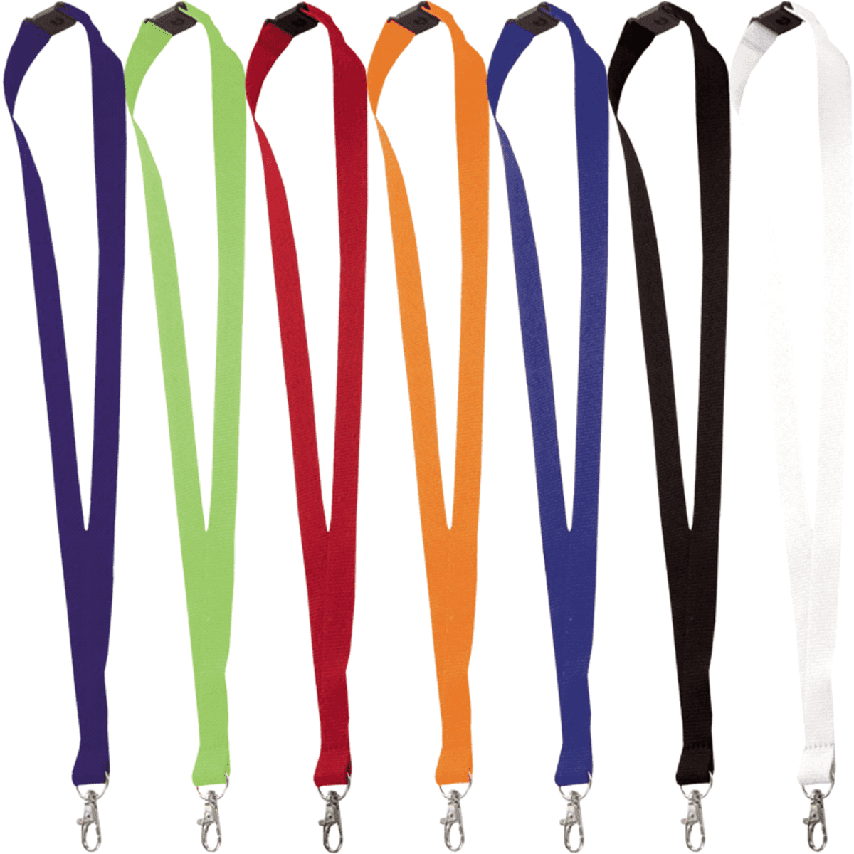 A selection of lanyards in purple, green, red, orange, blue, black, and white, each featuring a lobster clip.