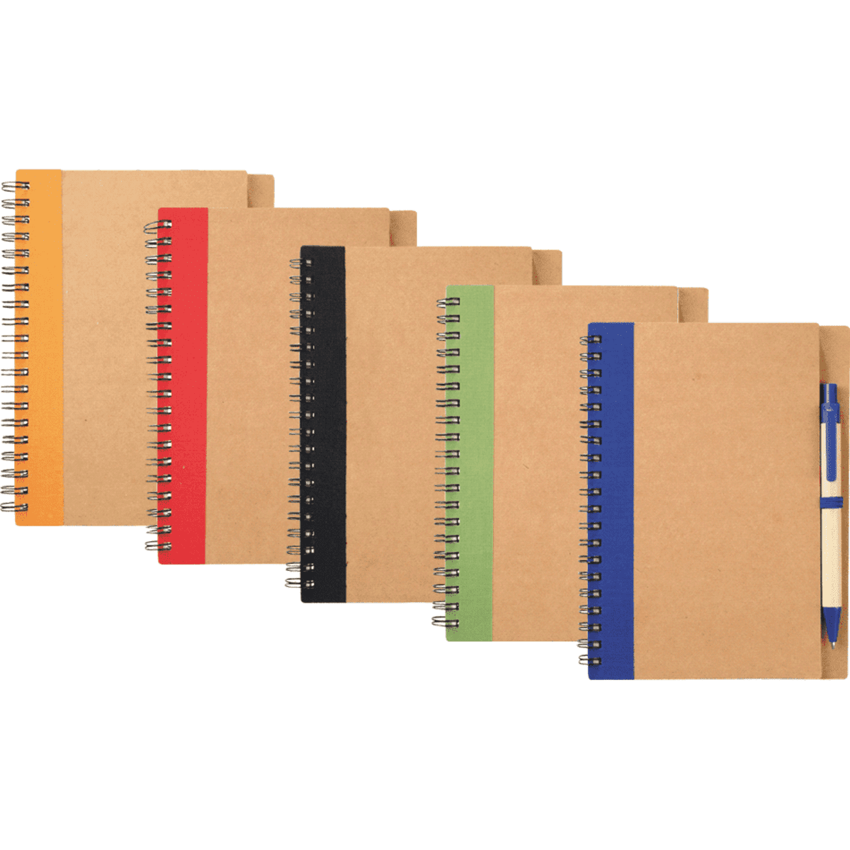 A range of spiral notebooks in various colours with a pen; features a natural brown cover and a logo on each.
