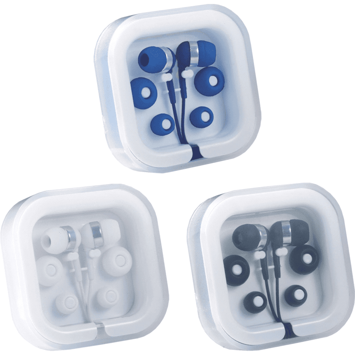Colour Pop Earbuds with Microphone in blue and white packaging, featuring various earbud sizes and a logo.