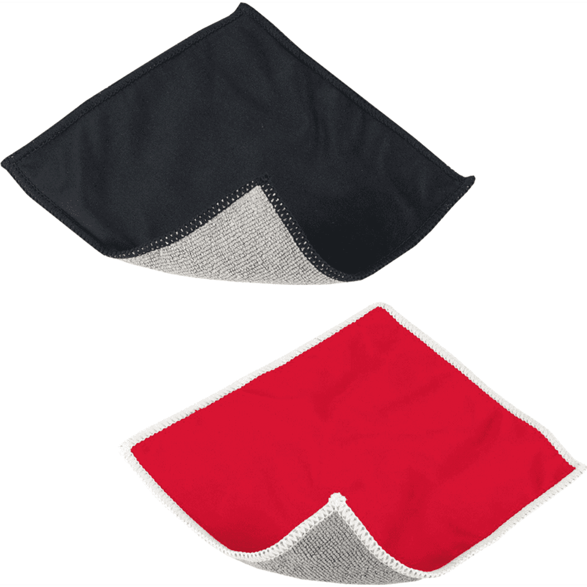 A two-sided cleaning cloth featuring black and red colours with a contrasting edge. It has a logo on one side.