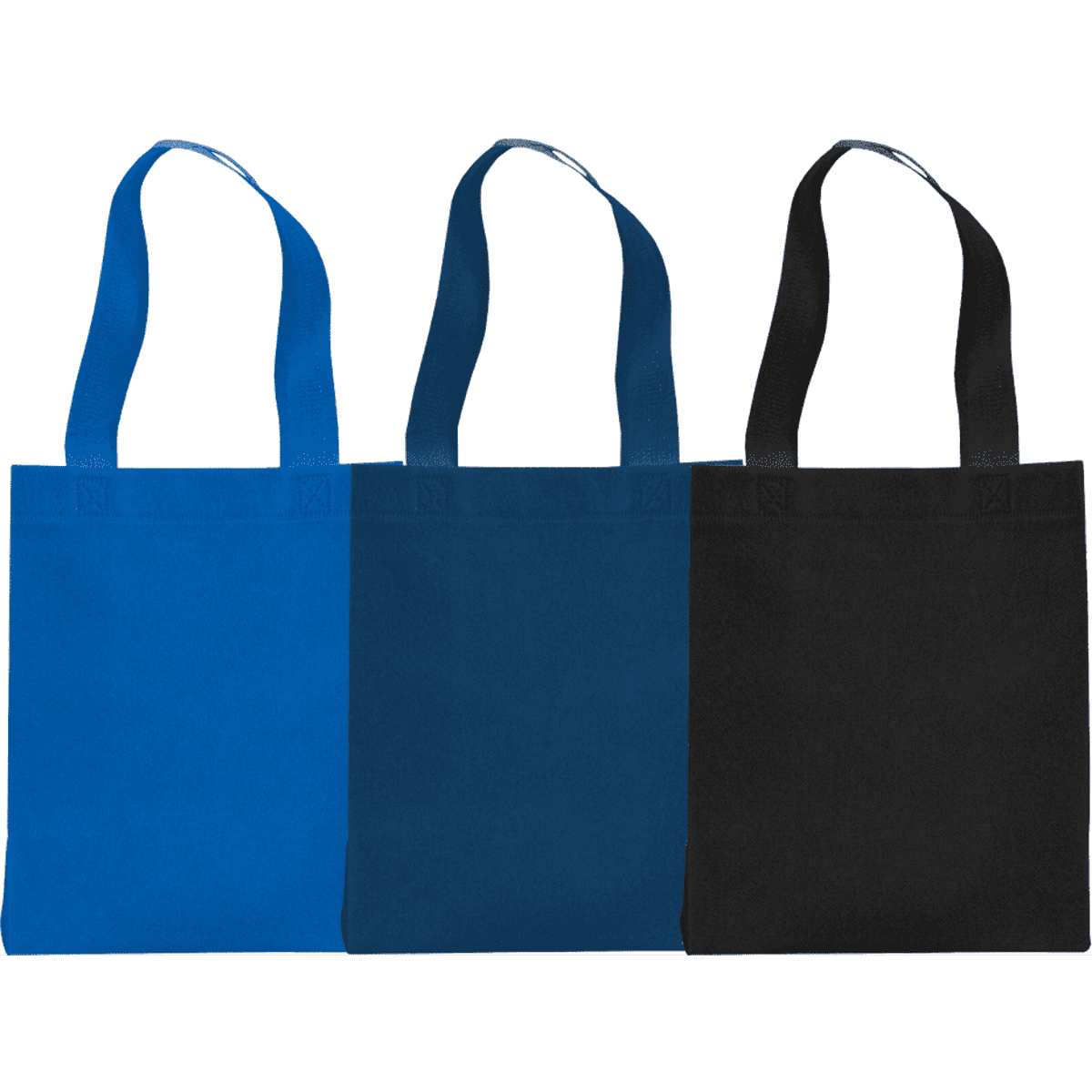 Three non-woven tote bags in blue, navy, and black, featuring sturdy handles and a simple design.