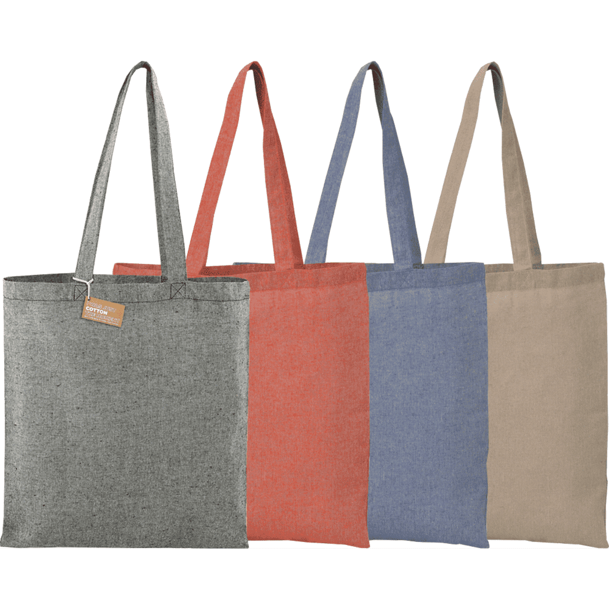 A selection of four tote bags in grey, red, blue, and beige, each with long handles and a label.