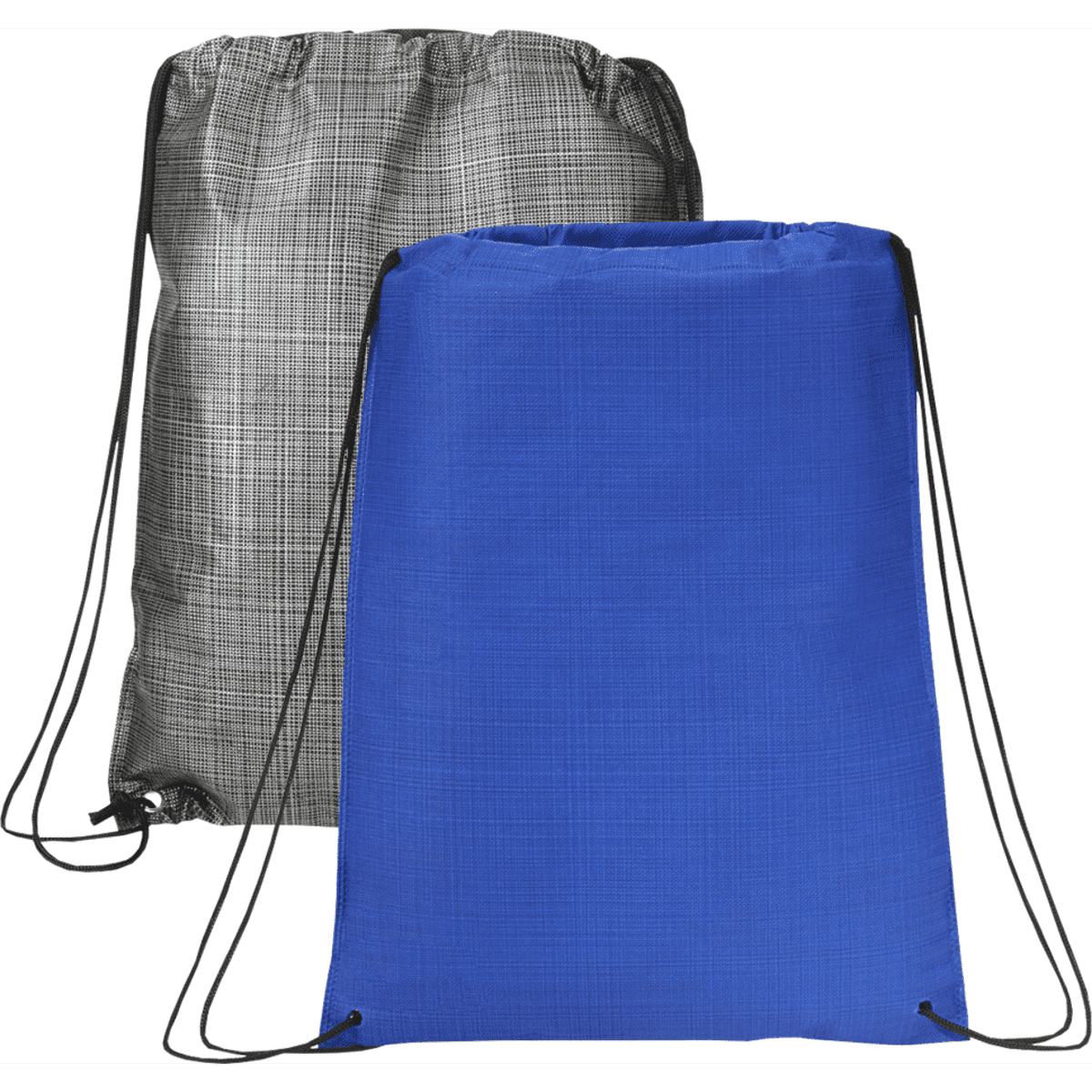 A blue and a grey drawstring bag with heat-sealed seams and black cords, featuring a logo on each.