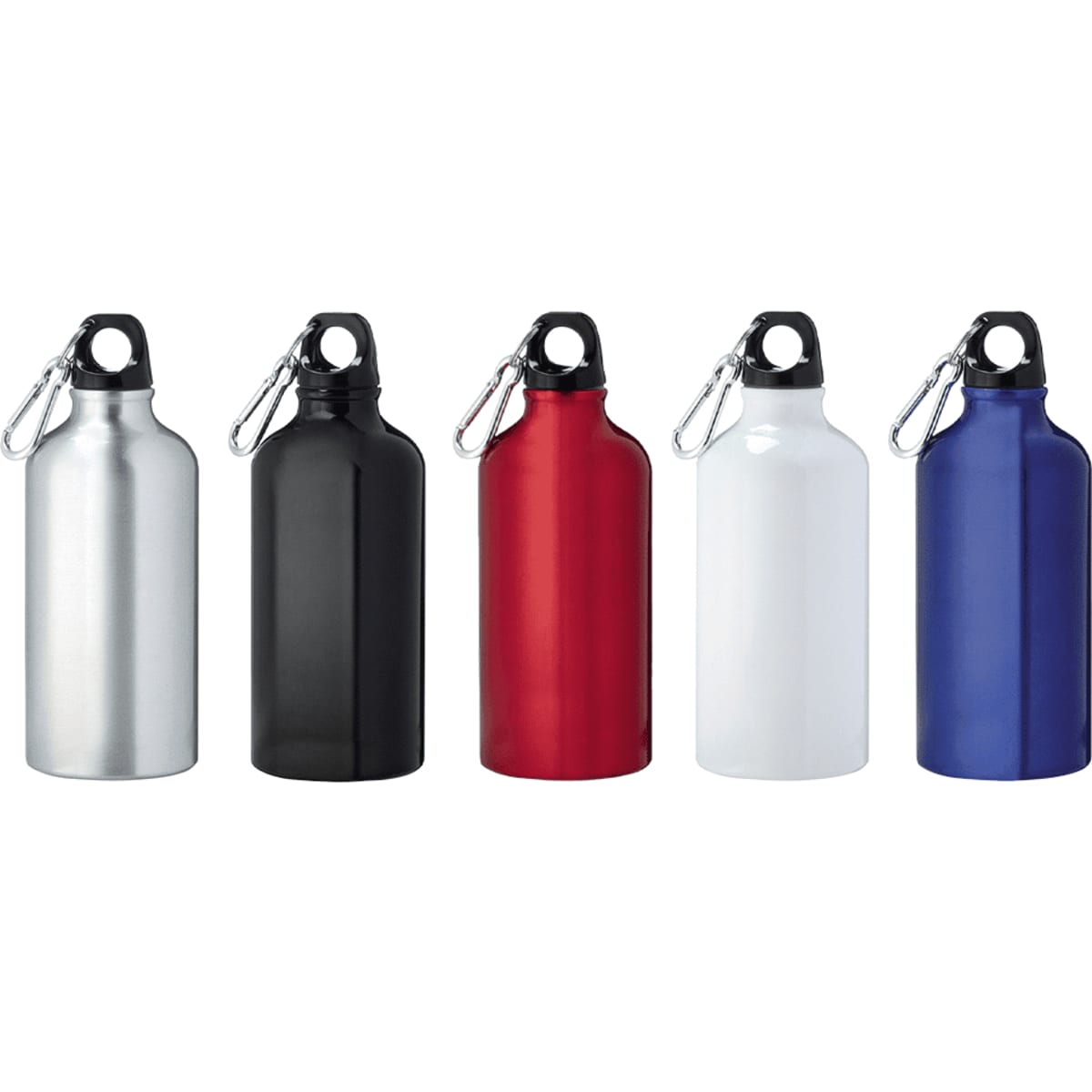 A drink bottle collection featuring five aluminium bottles in silver, black, red, white, and blue, each with a clip top.