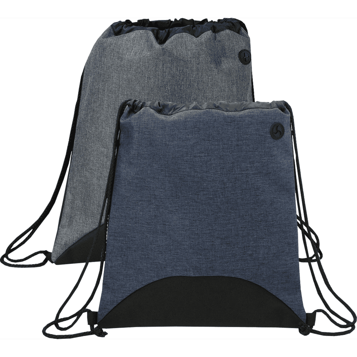 Two drawstring sportspacks in grey and navy blue, each featuring a logo and black base.