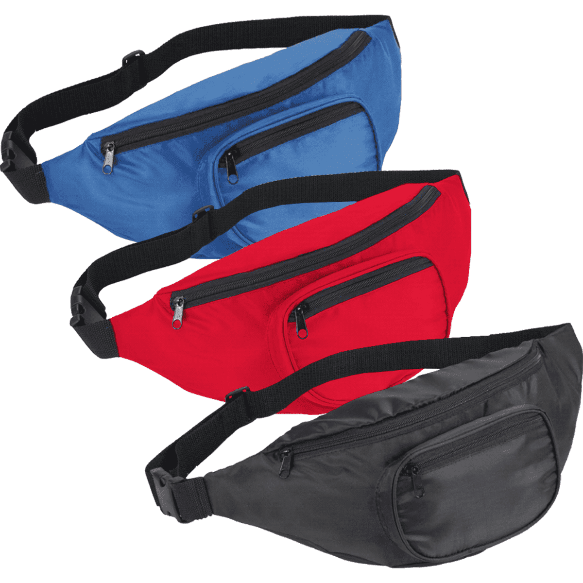 A collection of hipster deluxe fanny packs in blue, red, and black, featuring multiple zippered pockets and a logo.