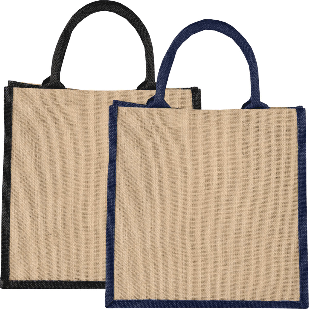 Medium jute gift tote in natural and black with navy accents, featuring sturdy handles and a logo.