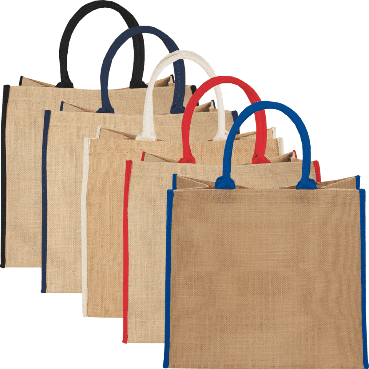 A collection of large jute tote bags in natural beige with contrasting coloured handles: black, navy, cream, and red.