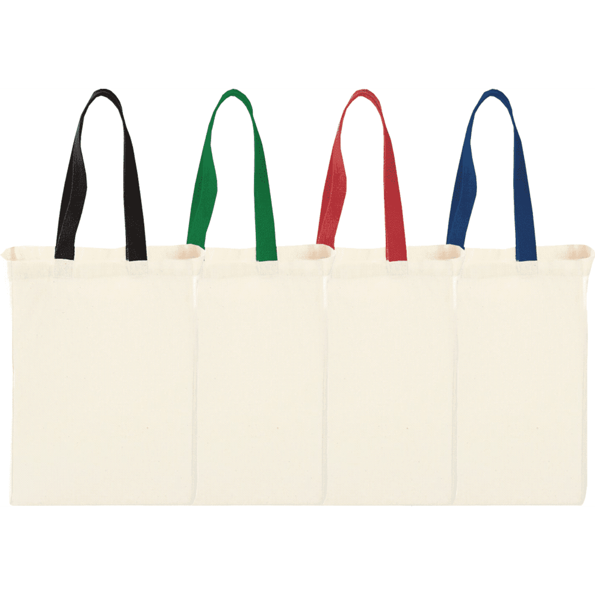 Natural cotton grocery totes in cream, featuring handles in black, green, red, and blue. Includes a logo.
