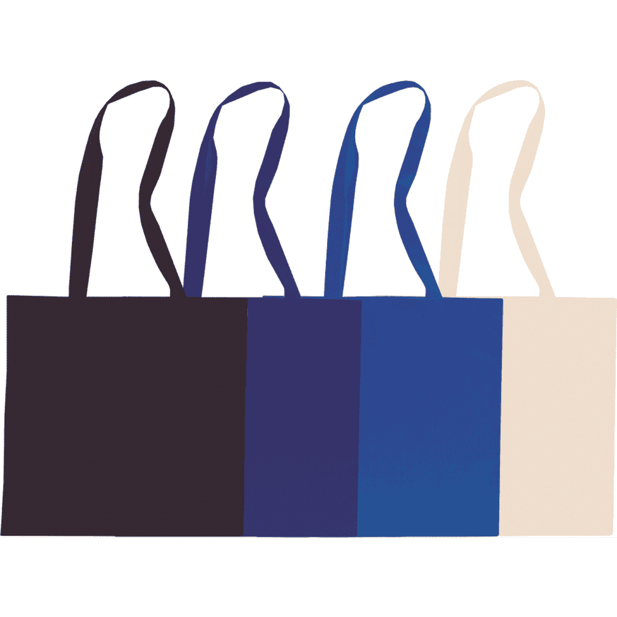A set of four tote bags in navy, royal blue, cream, and dark purple, each featuring a handle and a logo.