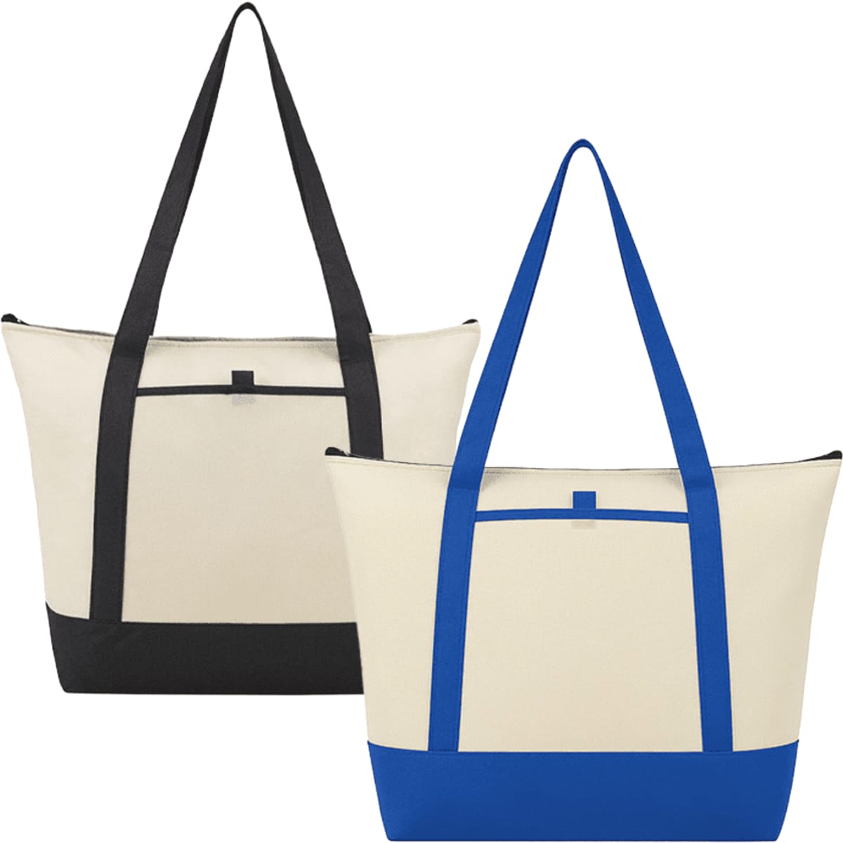 A non-woven boat tote cooler in cream with black and blue accents, featuring long straps and a logo.