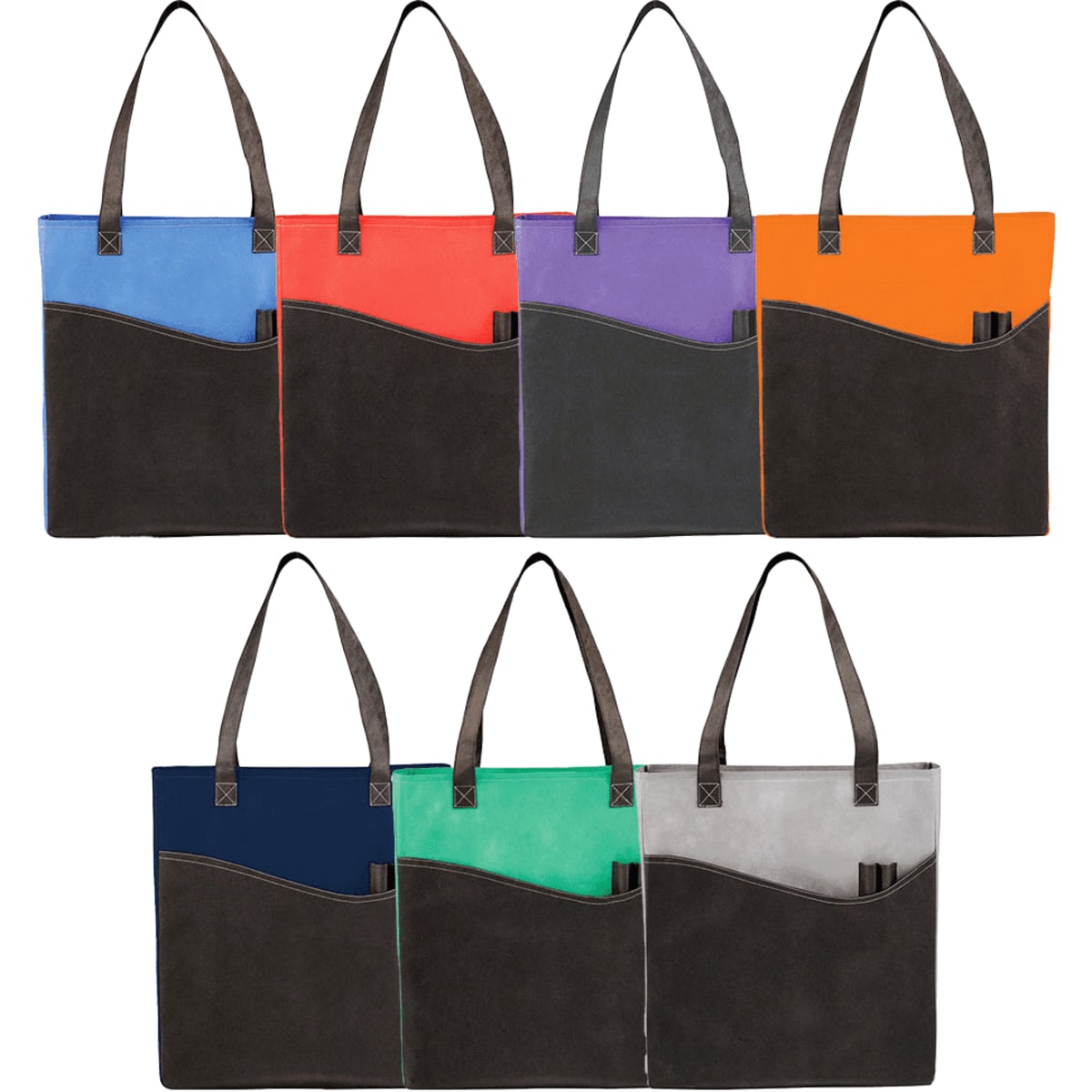 A collection of non-woven tote bags in various colours, featuring a contrasting pocket and handles, with branding displayed.