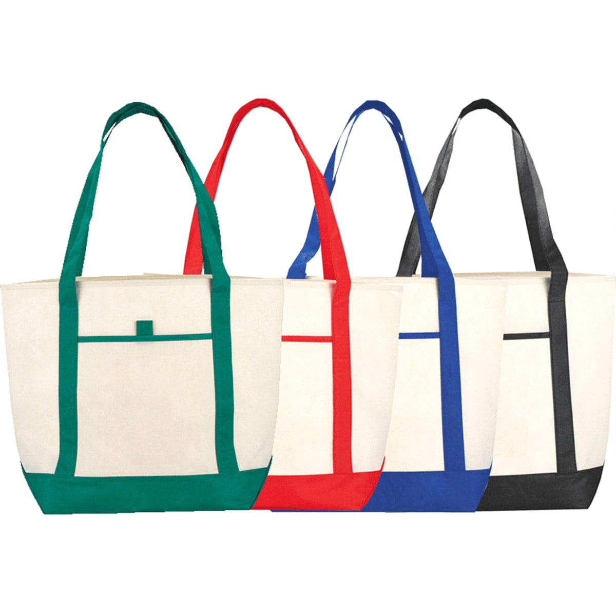 Four Lighthouse Non-Woven Boat Totes in green, red, blue, and black, featuring long handles and a front pocket.