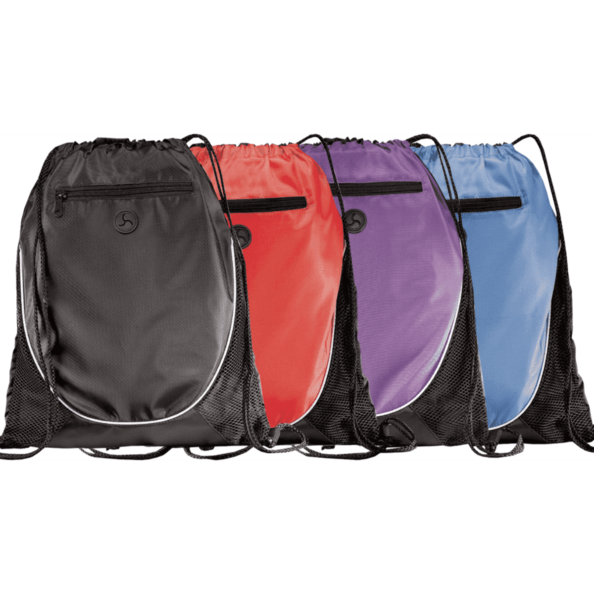A set of four drawstring sportspacks in black, red, purple, and blue, each with a logo and mesh sides.
