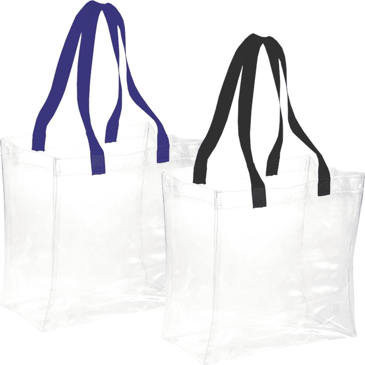 A clear tote bag set featuring two bags with purple and black handles. Both bags have a simple, transparent design.