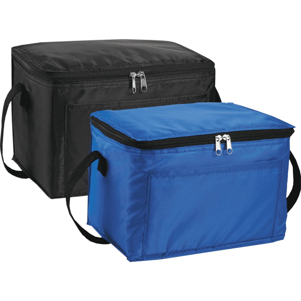 A black and a blue cooler bag with zippered closures and handles, featuring a simple design and logo branding.