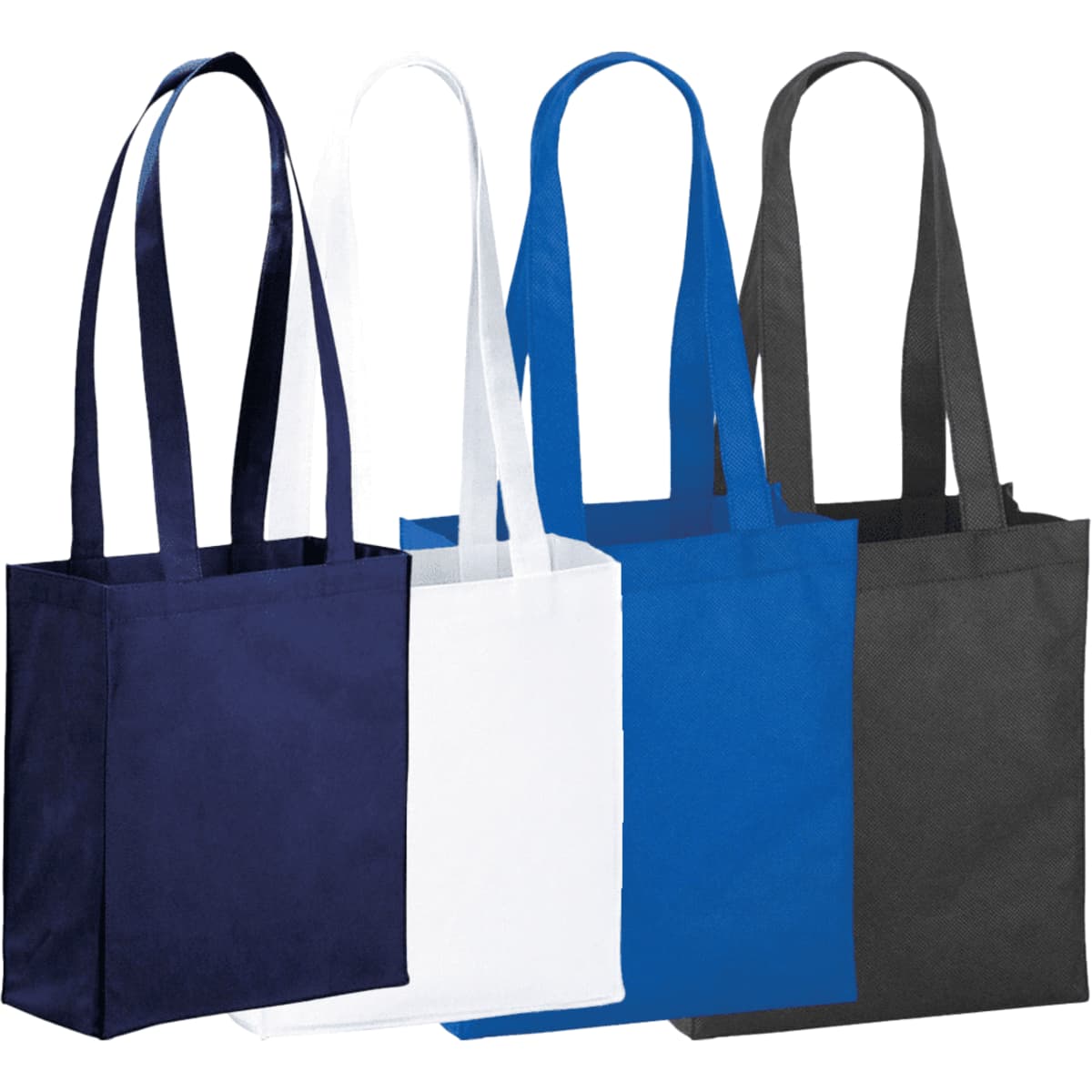Mini Elm Non-Woven Tote bags in navy, white, blue, and black with long handles and a logo on each bag.