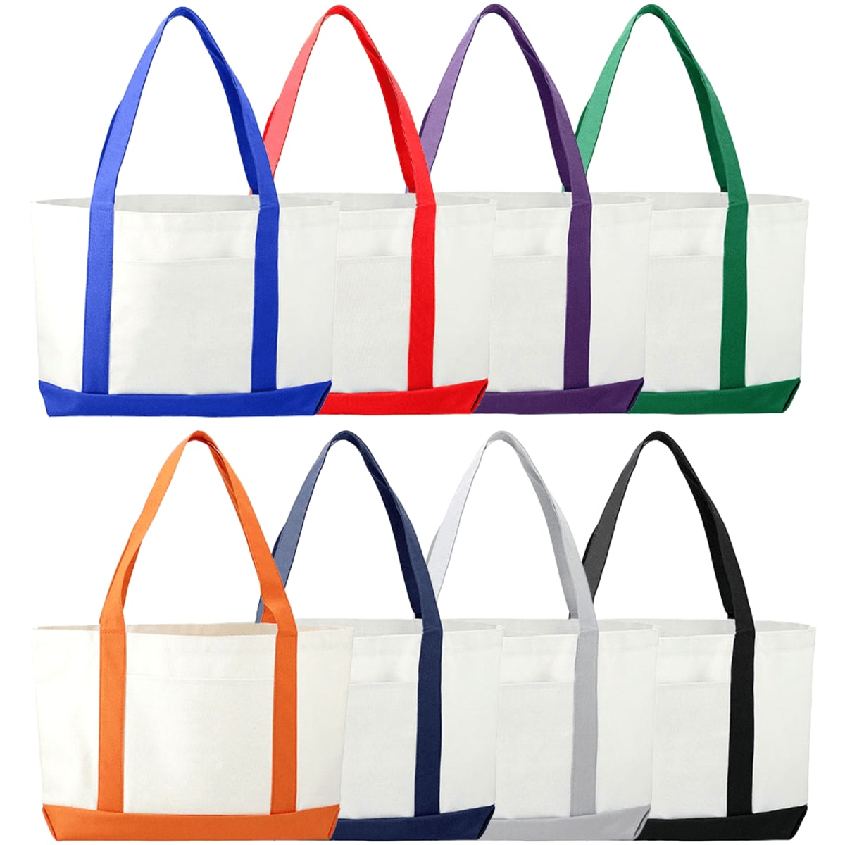 Large boat totes in various colours including blue, red, green, purple, orange, navy, grey, and black, featuring sturdy handles.