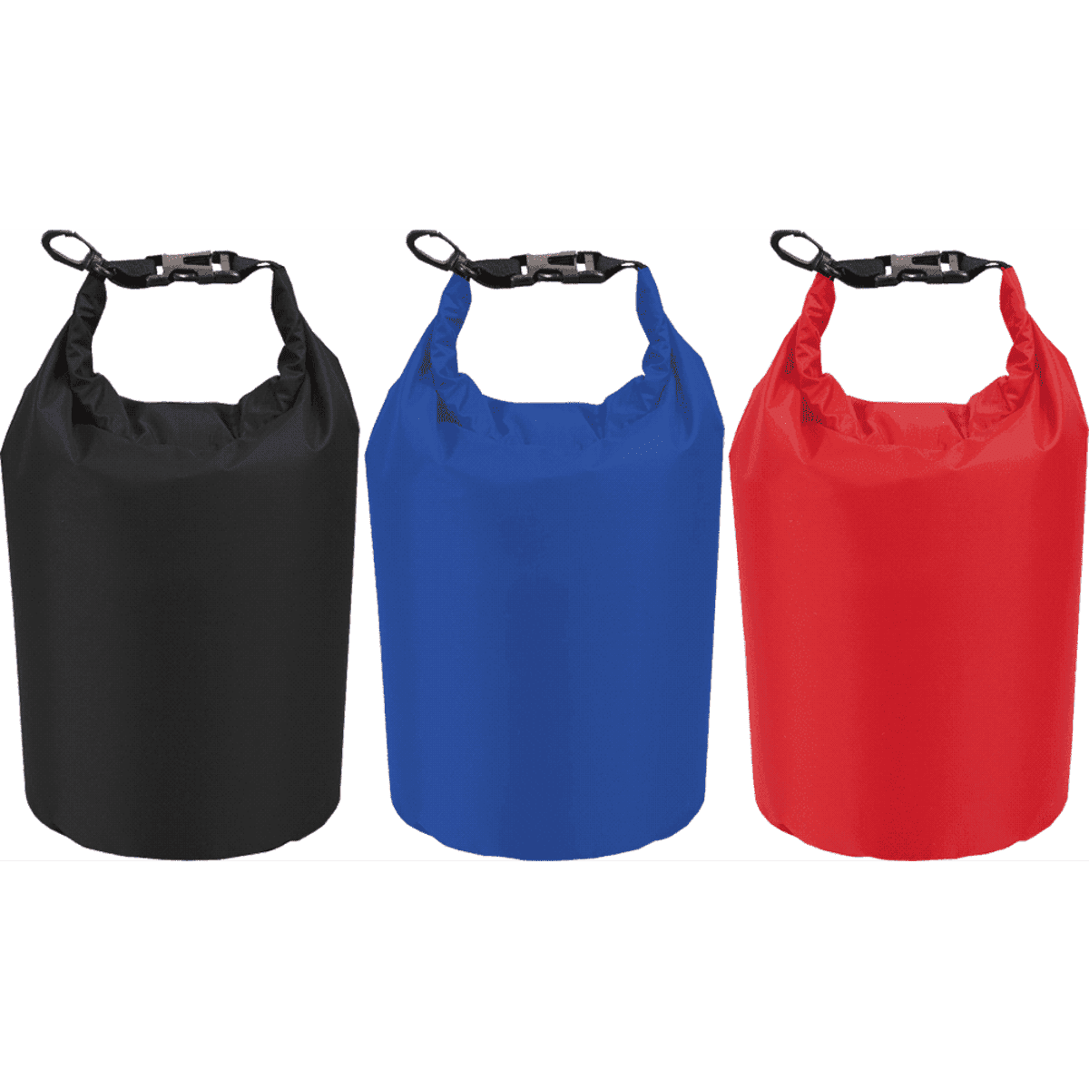 Three waterproof outdoor bags in black, blue, and red, featuring adjustable tops and clips, with a logo present.