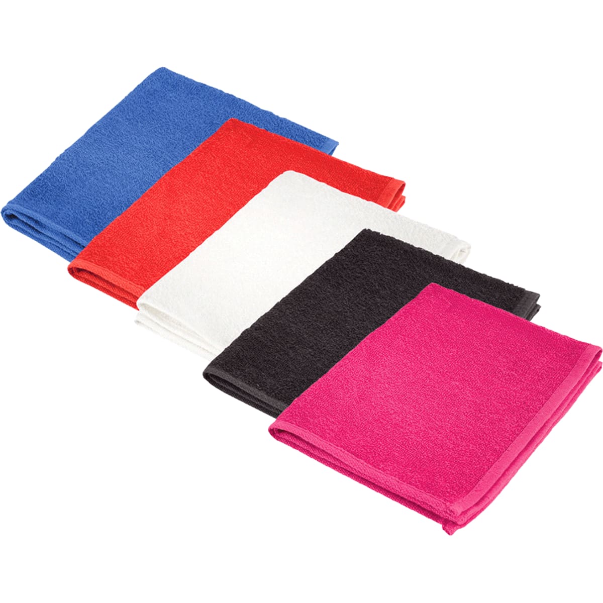 A selection of gym towels in blue, red, white, black, and pink, neatly arranged. Each towel has a soft texture.