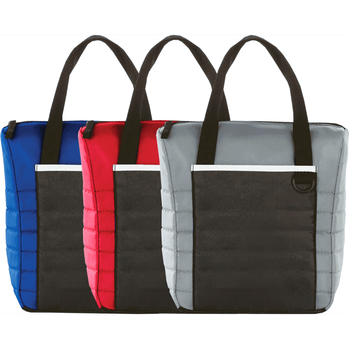 A quilted lunch cooler bag available in blue, red, and grey, featuring black accents and handles.
