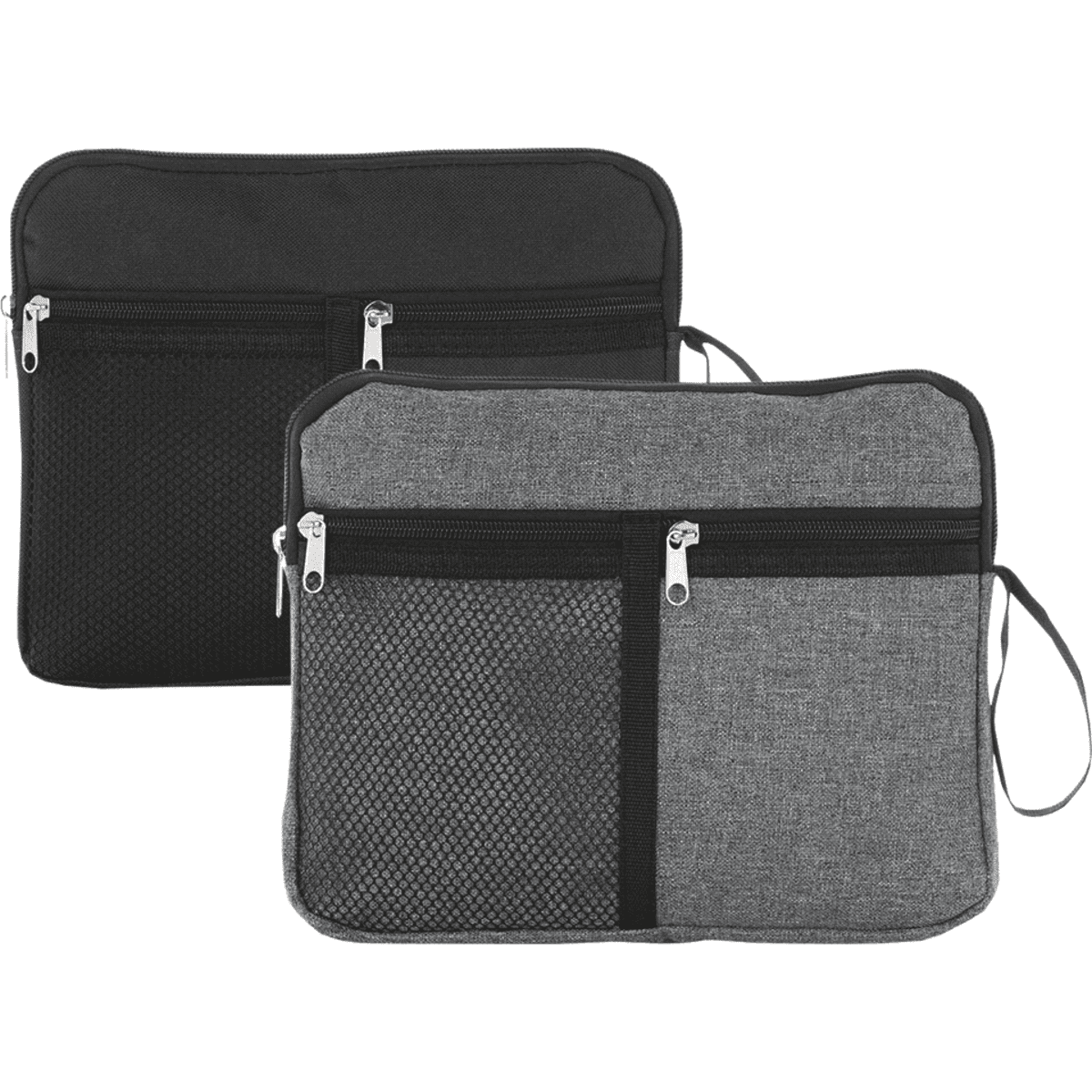 A multi-purpose travel bag in black and grey, with multiple zippered pockets and a stylish design.