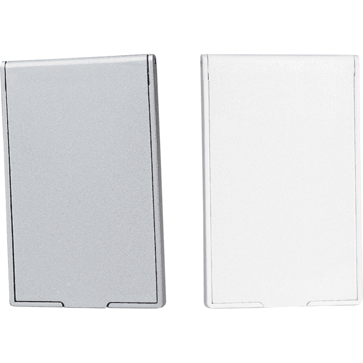 A silver and white stand-up pocket mirror duo, featuring a sleek, rectangular design and a logo on one side.