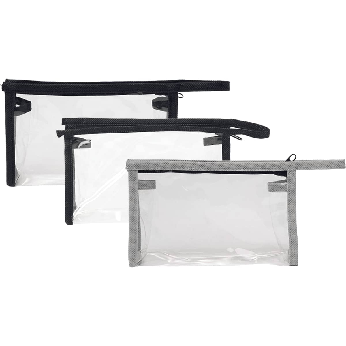 A set of three clear toiletry bags in black and grey, featuring zip closures and mesh detailing.