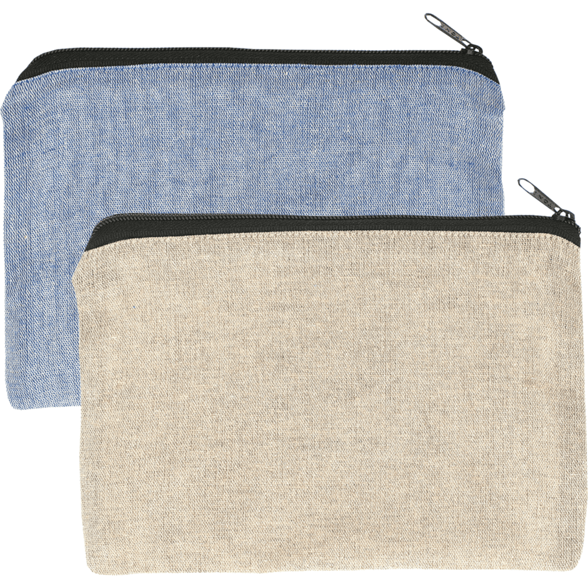 A recycled cotton twill pouch in blue and beige, featuring a zip closure and a brand logo.