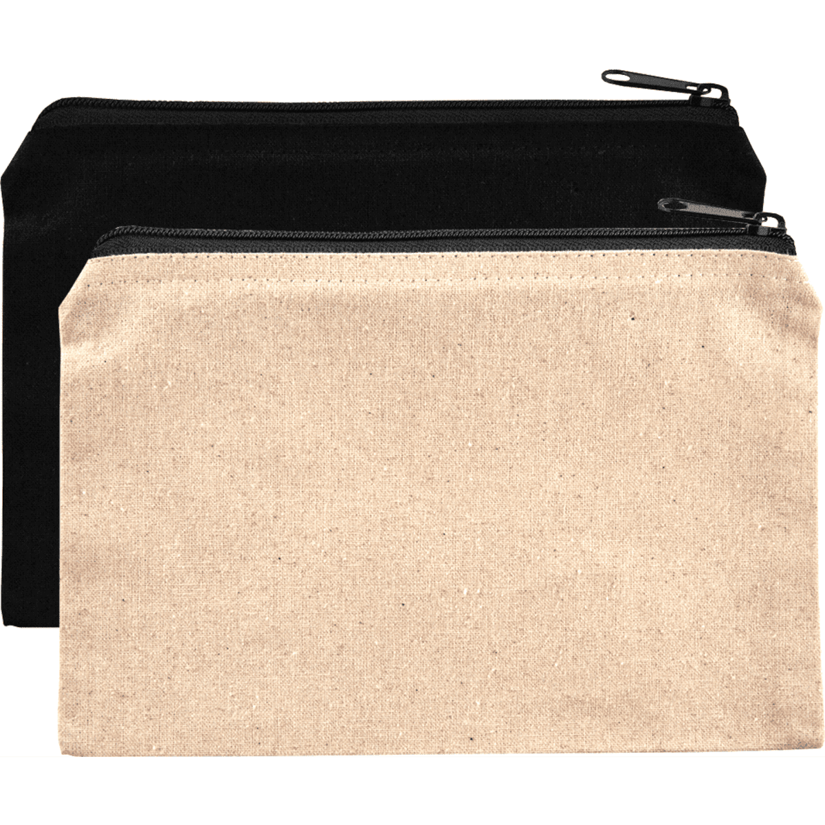 Two cotton travel pouches, one in black and the other in natural, featuring zip closures and a simple design.