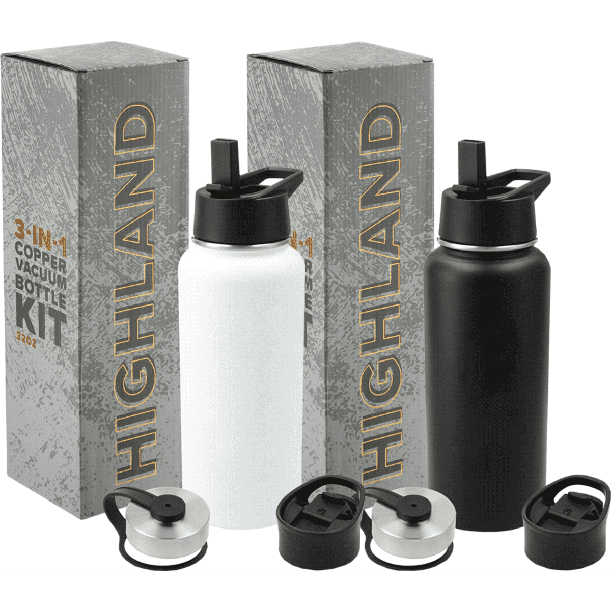 A drink bottle kit featuring a white and a black 950ml copper vacuum bottle, with interchangeable lids and packaging.
