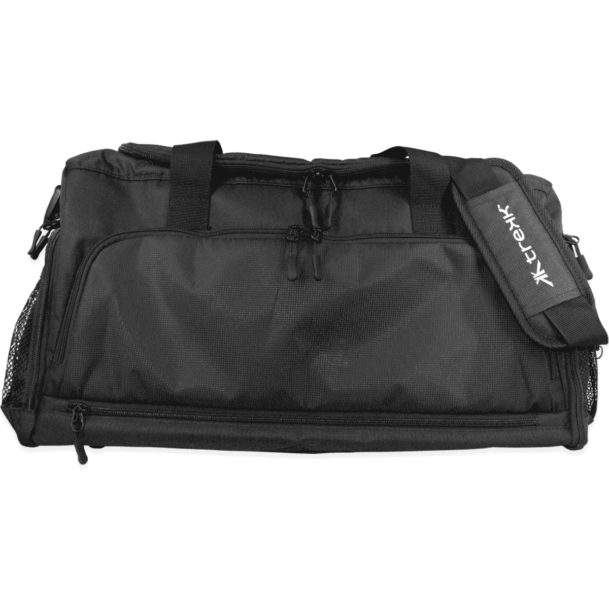 A black duffle bag with a shoulder strap and zipper compartments. It features a logo and mesh detailing.