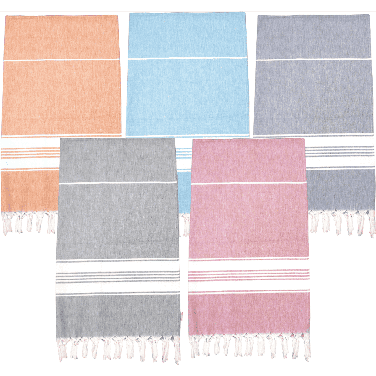 Five Turkish towels in orange, blue, grey, pink, and striped designs, featuring tasselled edges and a logo.