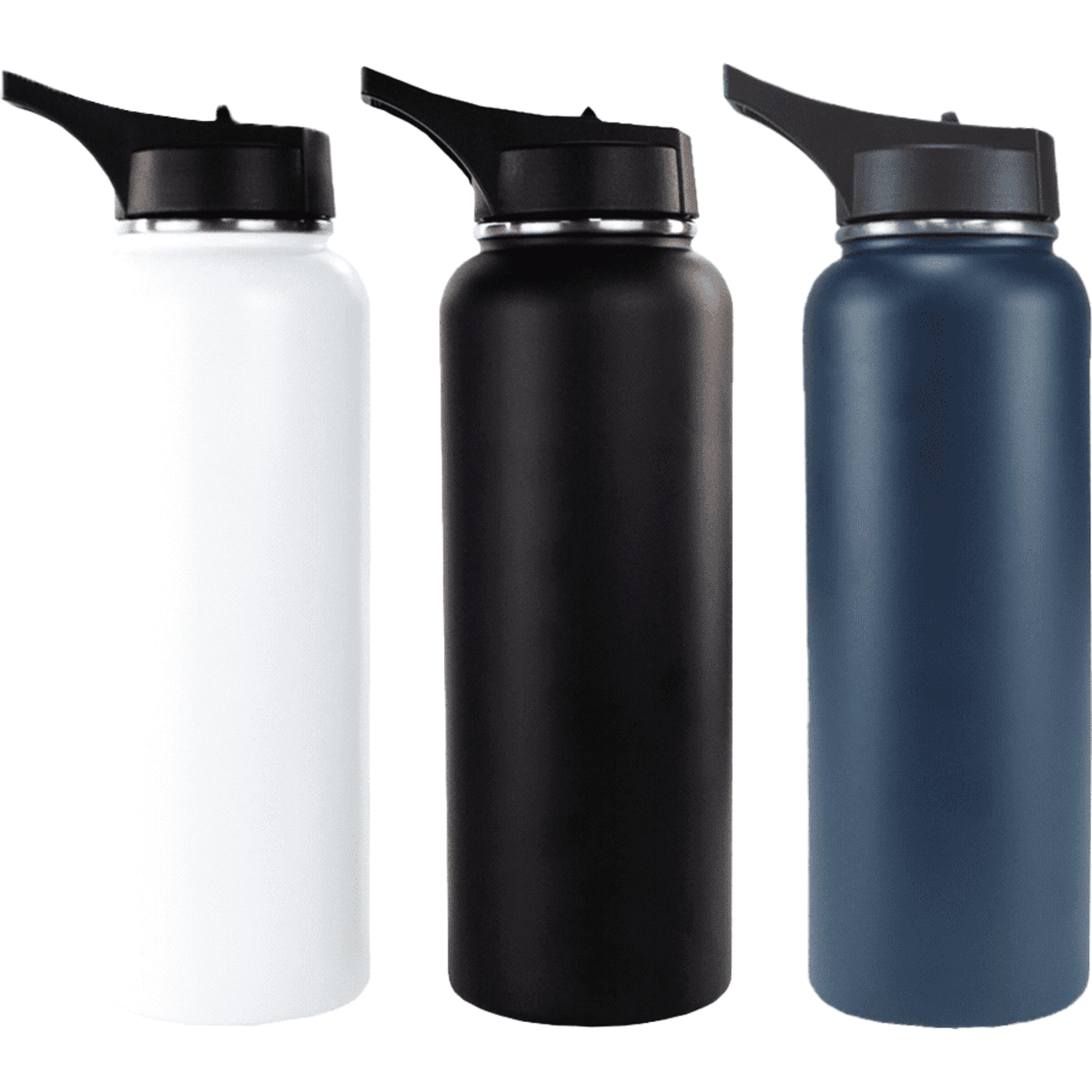 A drink bottle set featuring three colours: white, black, and navy blue, each with a flip-top lid and branded logo.