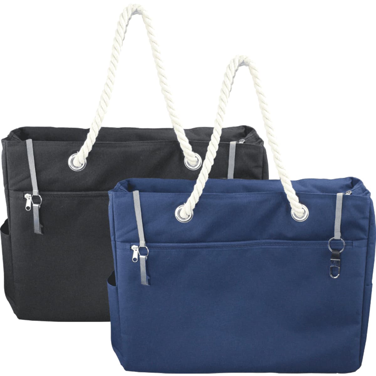 A waterproof beach bag featuring a navy blue and black design with rope handles and zippered pockets.