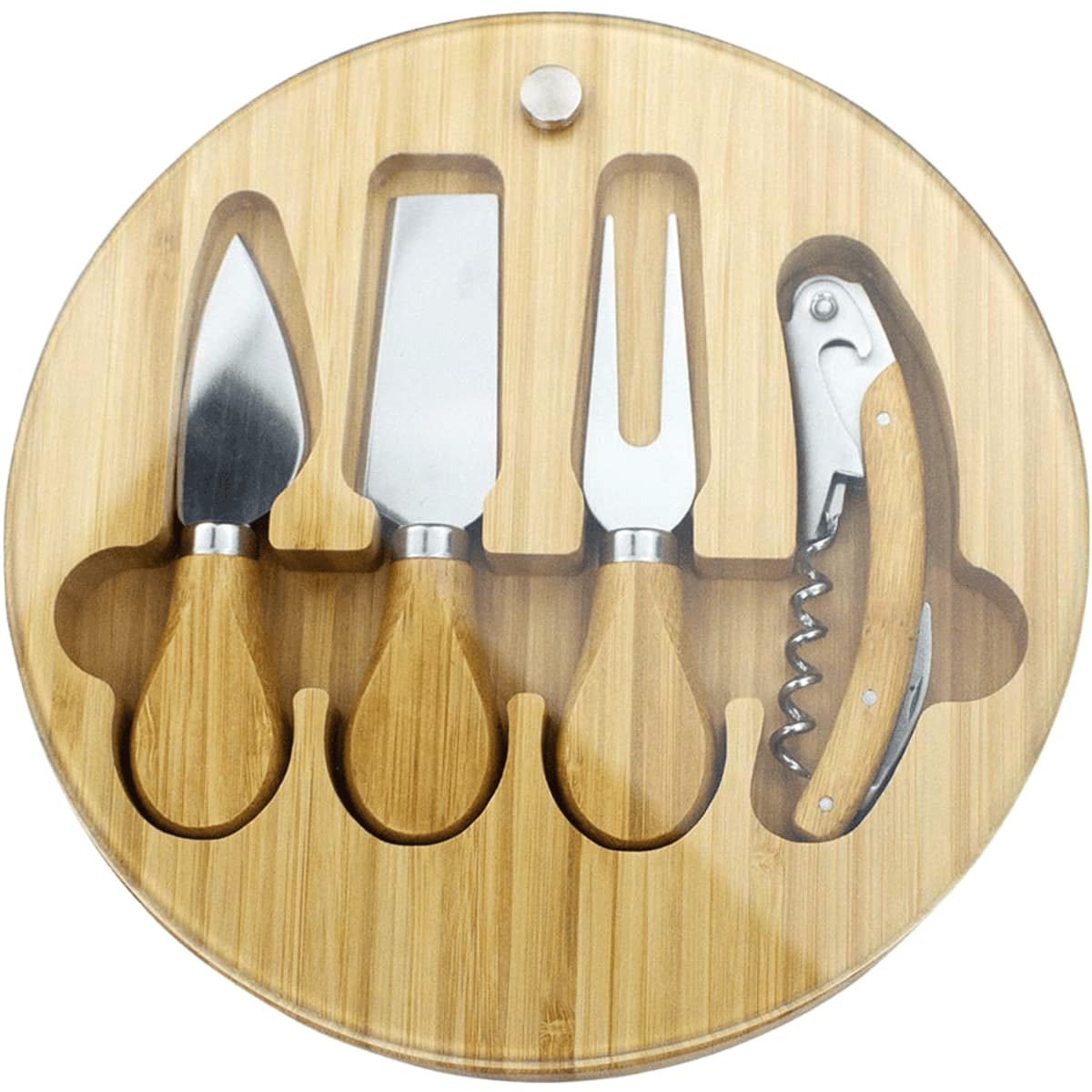 A round bamboo cheese board set featuring four stainless steel cheese knives with wooden handles. Includes a corkscrew.