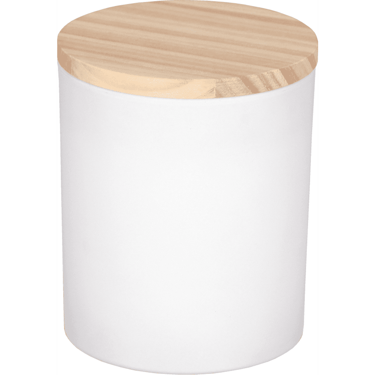 A white soy wax candle with a wooden lid, featuring a sleek cylindrical design.