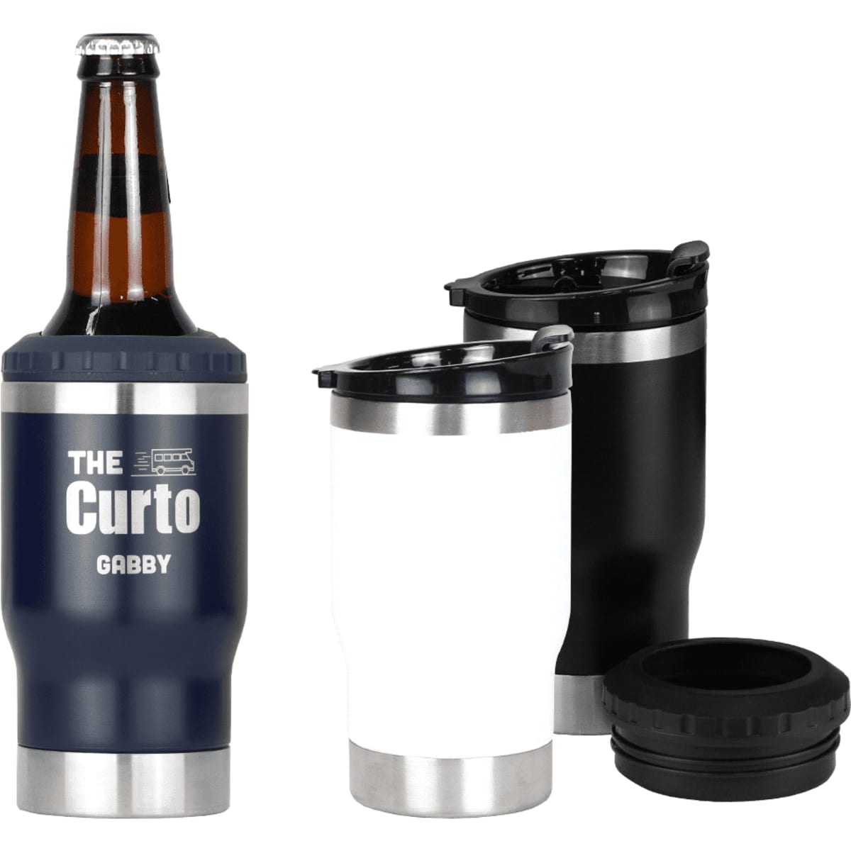 A drink bottle set featuring a navy blue cooler, a white tumbler, and a black tumbler, each with a lid and branding.