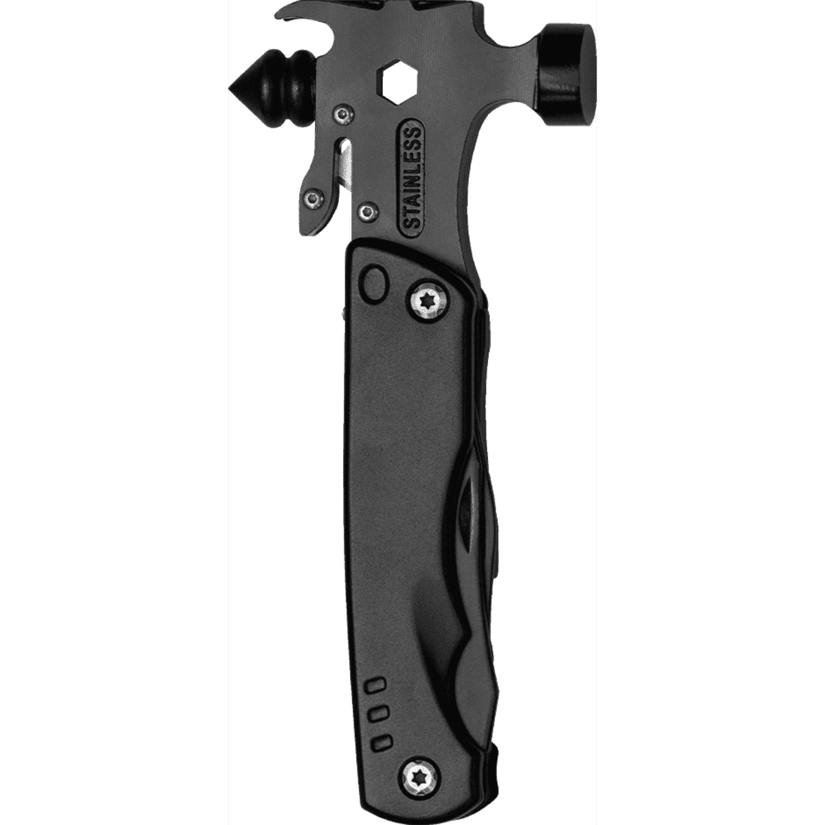 A multi-tool featuring a stainless steel hammer, hex tool, and a textured black handle with a logo.
