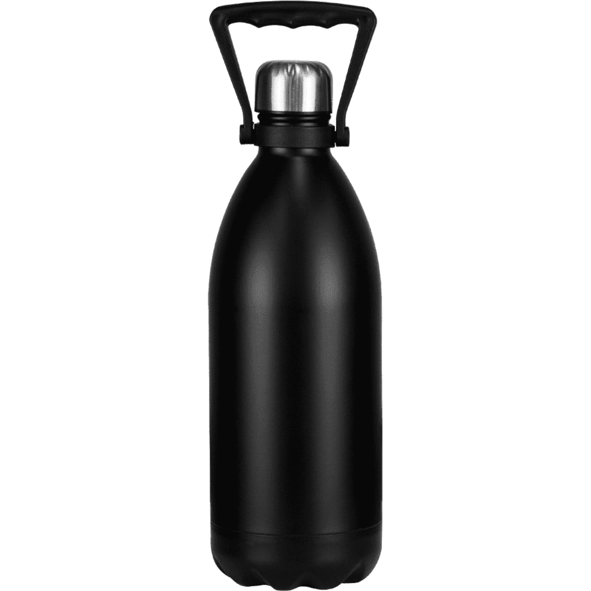A drink bottle in matte black, featuring a stainless steel lid and a handle for easy carrying.