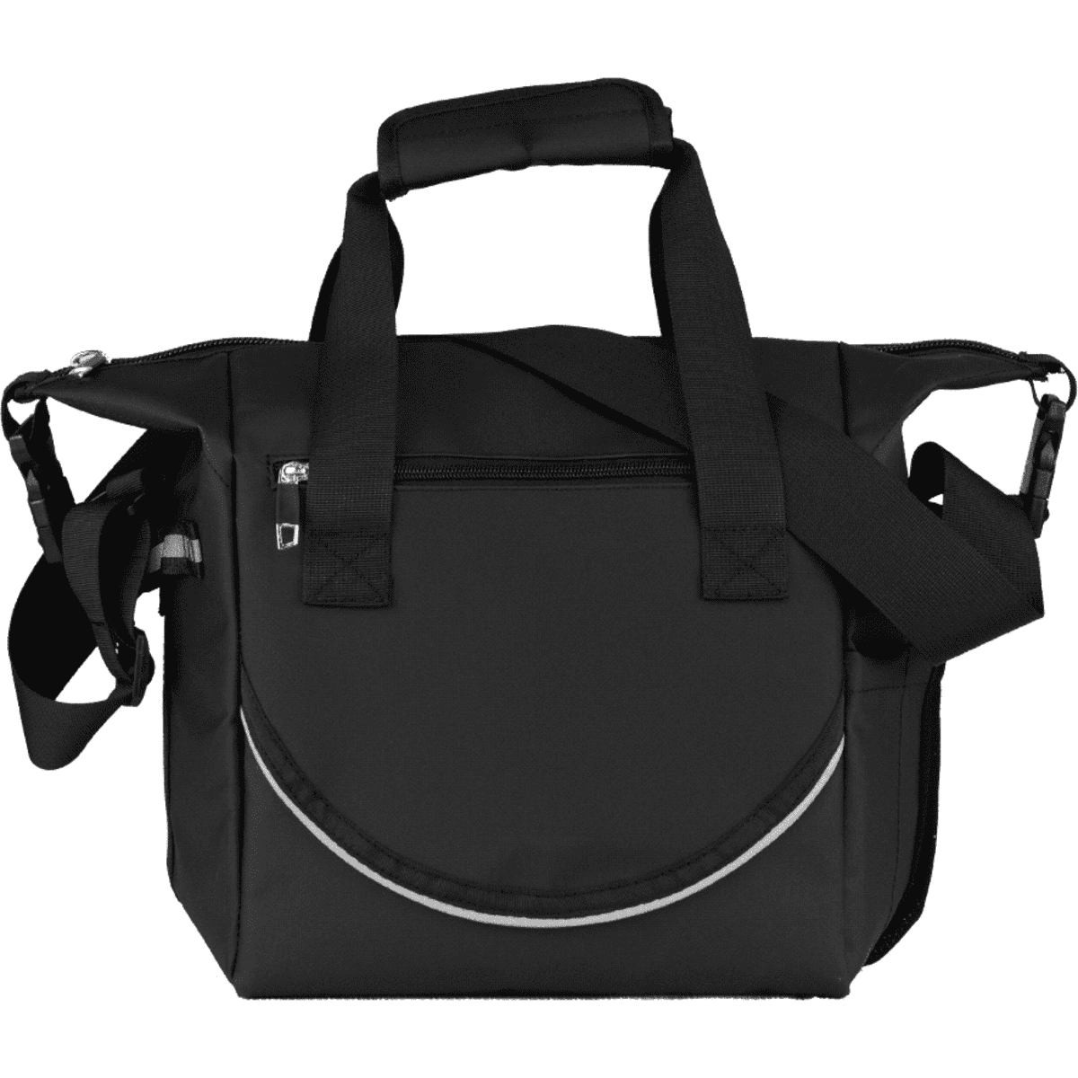 A black cooler bag featuring dual handles and a removable shoulder strap, with a front zip pocket and a circular design element.