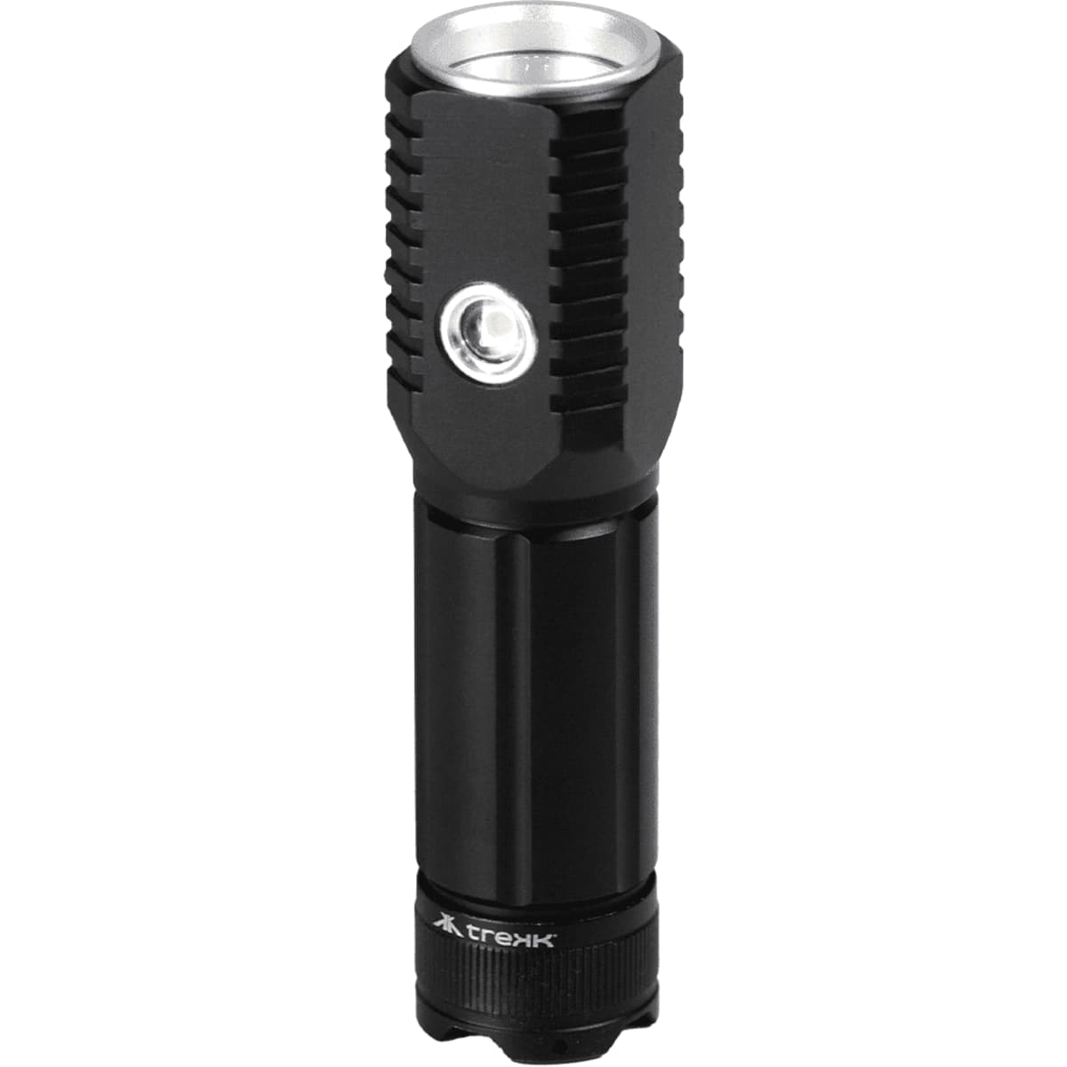 A black LED torch with a cylindrical body and textured grip, featuring a single LED lamp at the top and a logo.