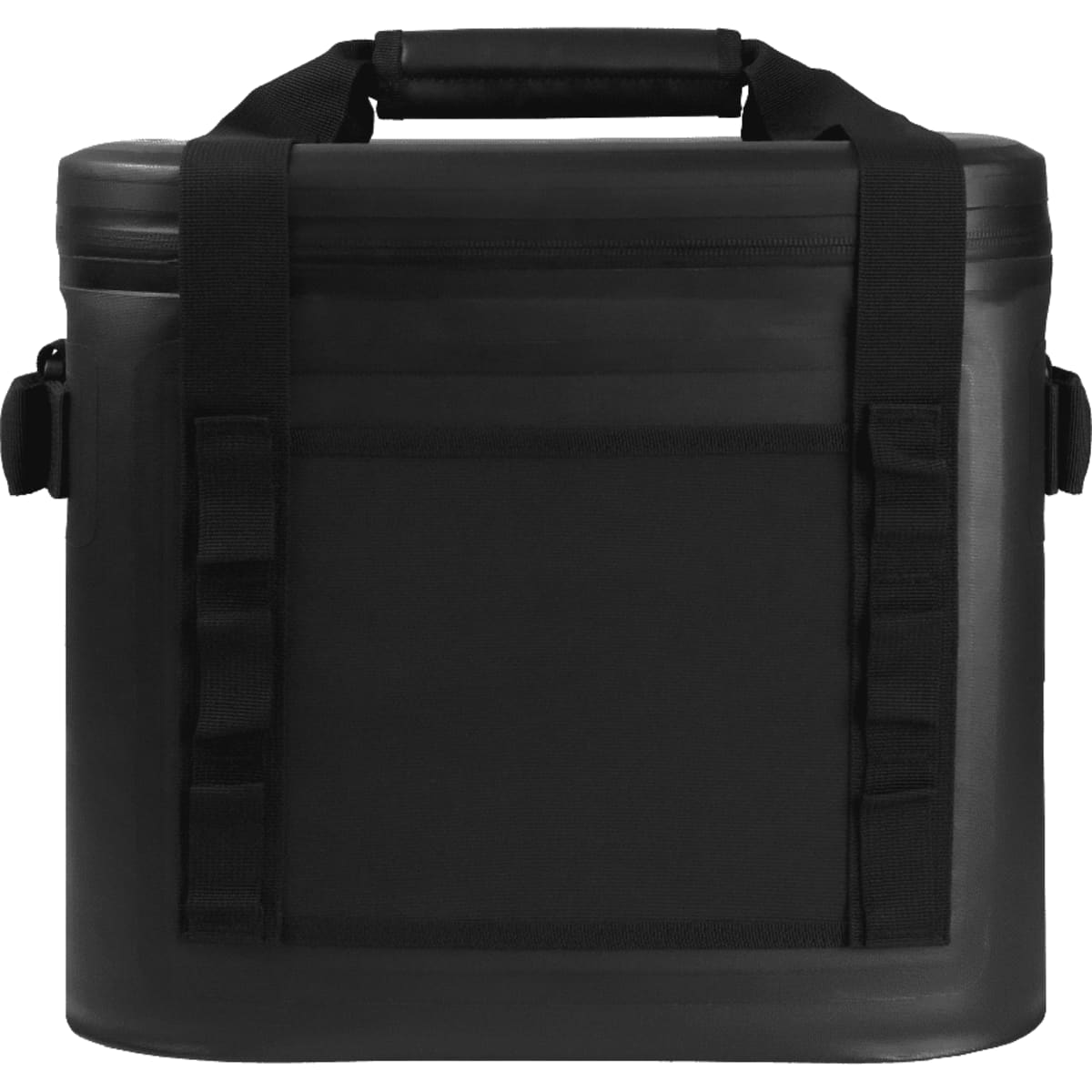 A black cooler bag with a sturdy handle and shoulder straps, featuring a front pocket and a logo.