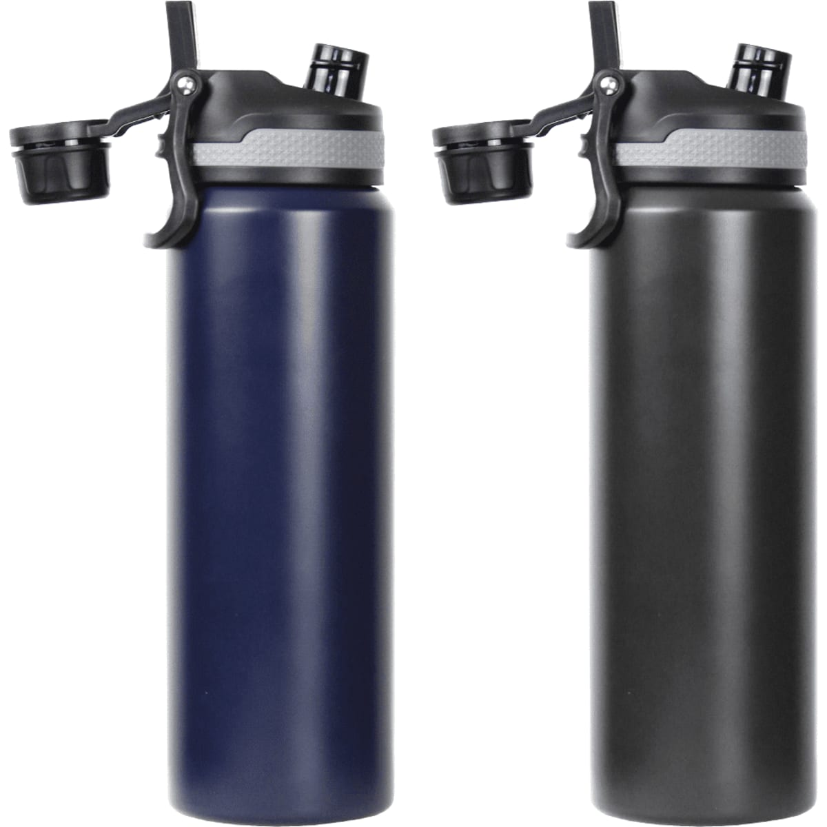 A drink bottle in navy blue and dark grey, featuring a dual-function top and a logo. Double wall design, 800ml capacity.