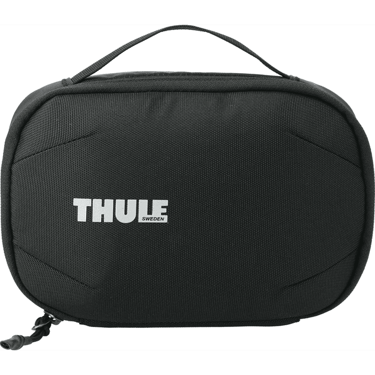 A black toiletry bag featuring a sturdy design, a handle, and a logo.